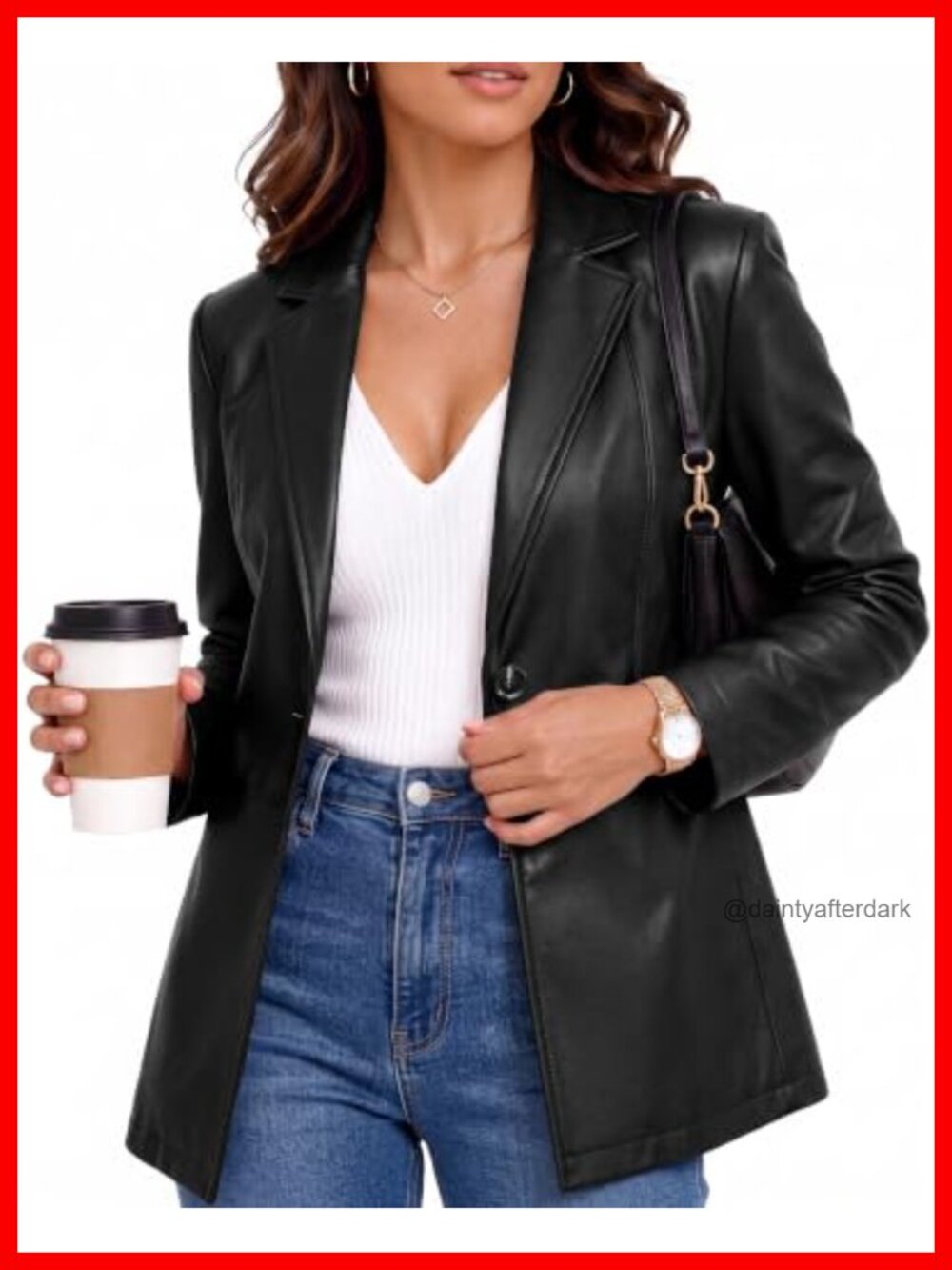 Faux Leather Blazer Jacket Lightly Fitted Long Sleeve Business Casual